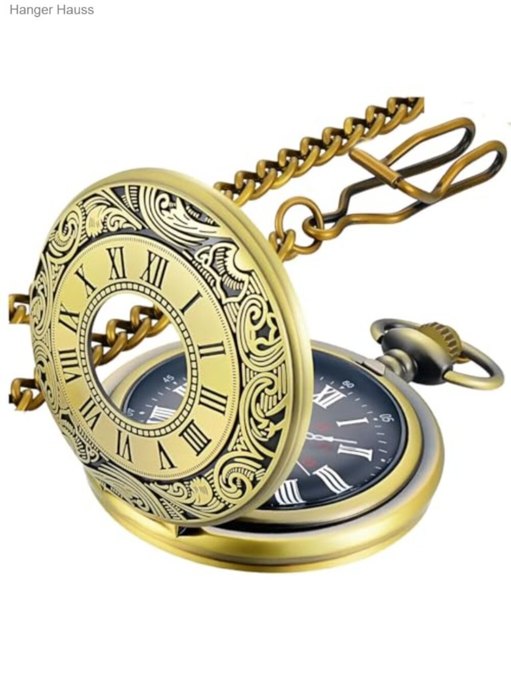 Vintage Bronze Pocket Watch with Roman Numerals and Chain